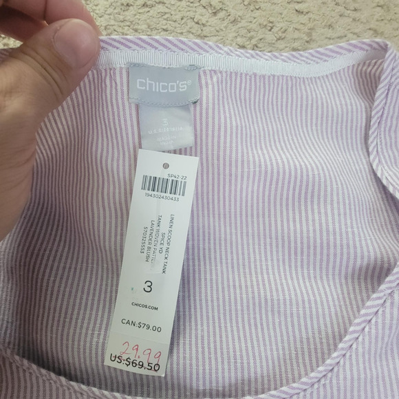 NWT Chicos Womens 3 XL Linen Cotton Scoop Neck Tank Top Pink White Stripe - Picture 7 of 8
